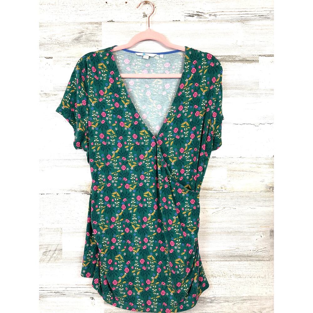 Boden Green Pink Floral Top Womens 14 Short Sleeve Viscose Casual Chic